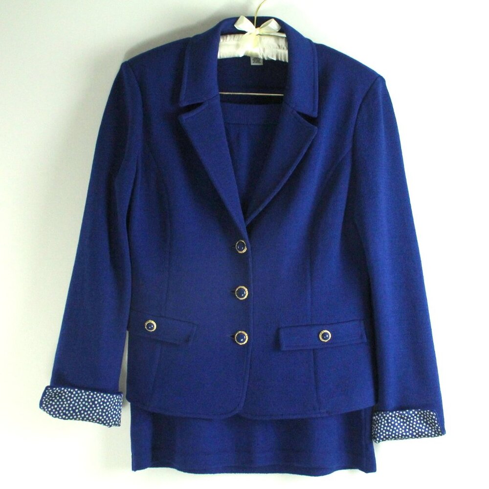 St. John Collection Blue Santana Knit 2 Pc Skirt Suit Polka Dot Trim Jacket 10 6